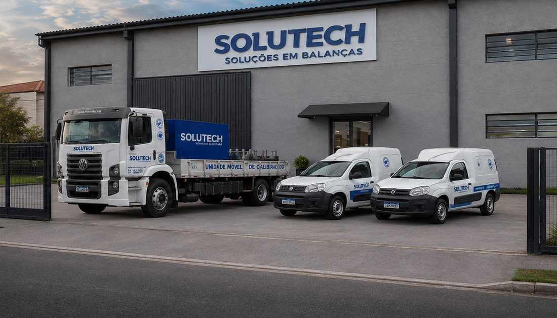 Sede da Solutech Balanças com a frota técnica e a unidade móvel de calibração