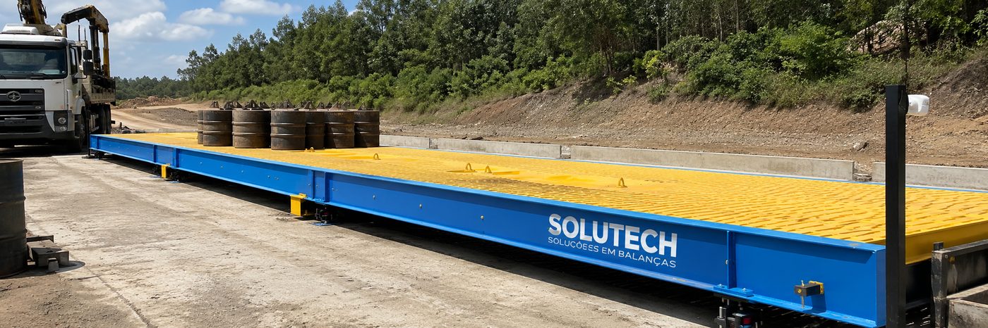 Balança rodoviária metálica Solutech com plataforma antiderrapante e pesos de calibração