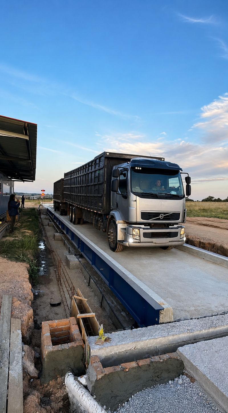 Caminhão sobre balança rodoviária Solutech com plataforma ampliada