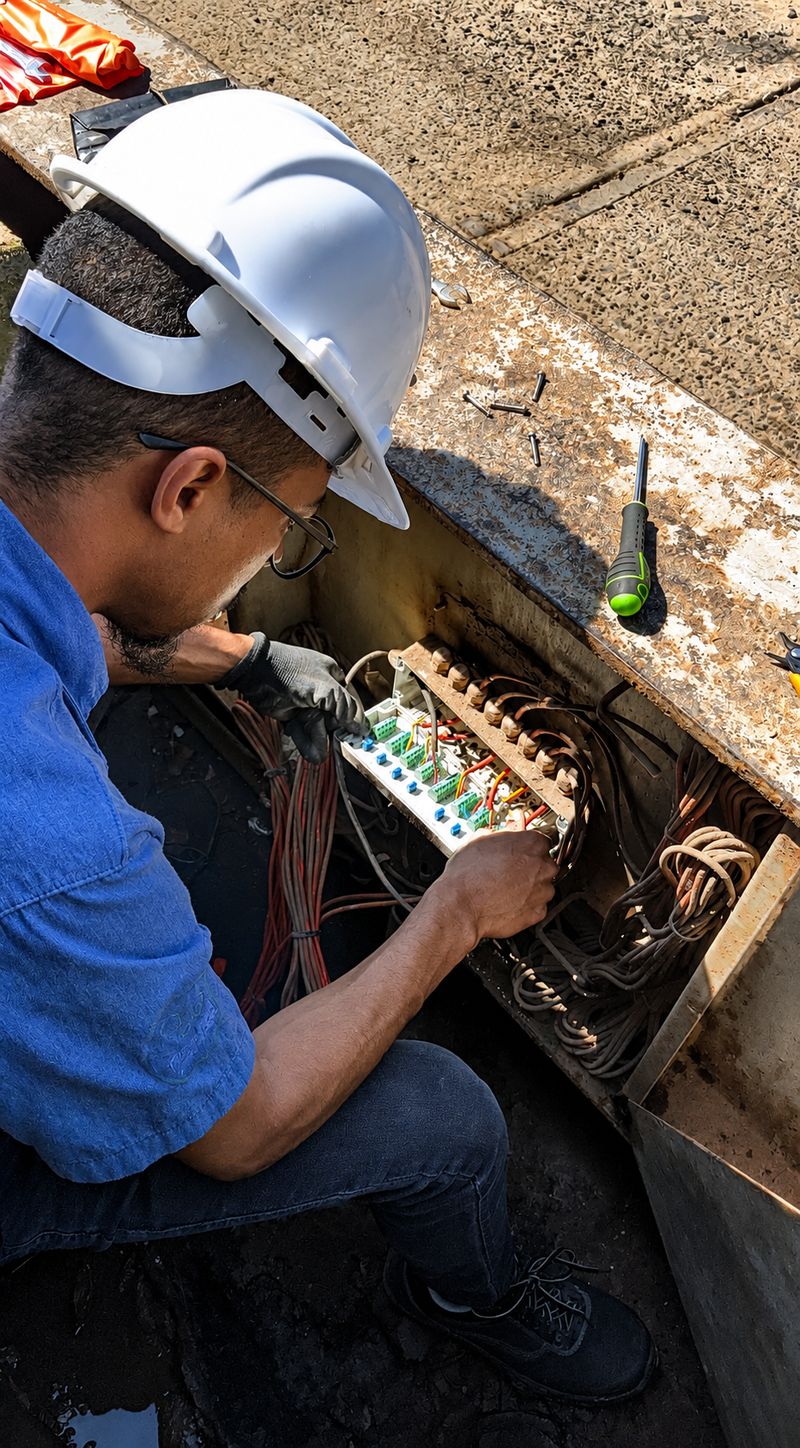 Técnico da Solutech reparando a caixa de junção de uma balança rodoviária