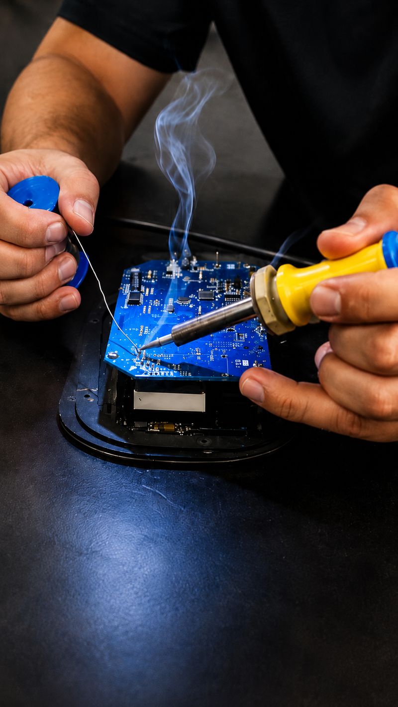 Técnico soldando componentes SMD em placa eletrônica de indicador de pesagem